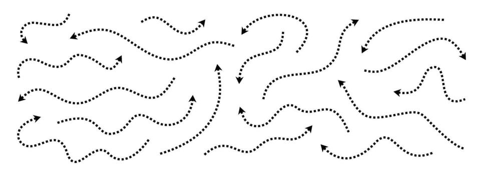 Black dotted thin arrows set. Wavy and curved dashed pointers collection. Wiggly sketchy direction lines. Dots squiggle stripe design elements bundle for flyer, poster, brochure. vector