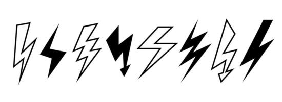 Black and white lightning bolts set. Thunder bolt symbols collection. Flash thunderbolt elements pack for poster, banner, graphic design, card. Strike arrow signs bundle vector