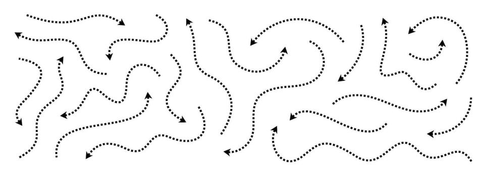 Black dotted thin arrows set. Wavy and curved dashed pointers collection. Wiggly sketchy direction lines. Dots squiggle stripe design elements bundle for flyer, poster, brochure vector