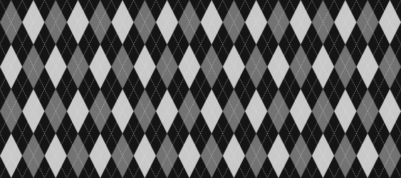 Black and white seamless argyle pattern. Rhombus repeated texture background. Diamond forms and stitches for textile design, fabric print, wrapping paper, clothes pattern design. vector