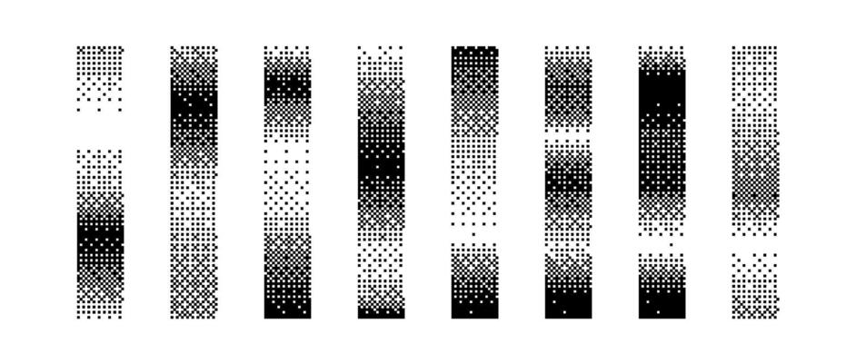 Halftone vertical gradient border set. Bitmap long dotted separator or divider collection. Pixelated rectangle decoration element for banner, poster, advertisement, card, cover.