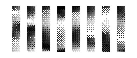 Halftone vertical gradient border set. Bitmap long dotted separator or divider collection. Pixelated rectangle decoration element for banner, poster, advertisement, card, cover vector
