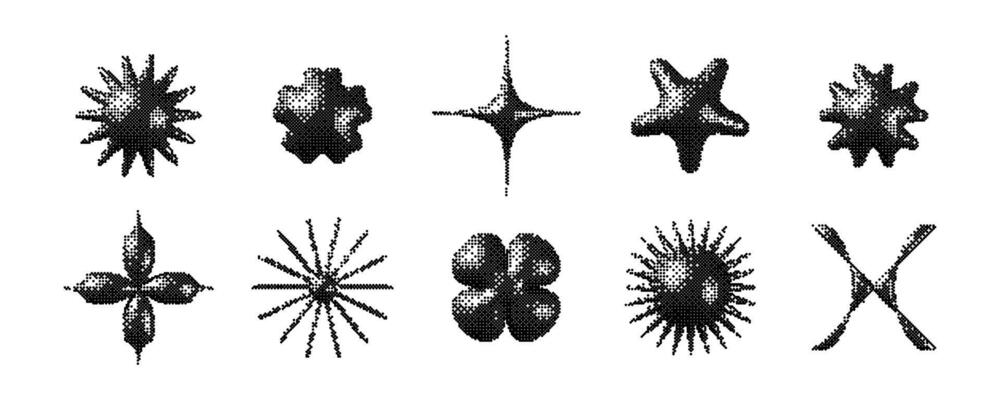 Pixelated 3d Y2K shape set. Bitmap stars, flowers, sparkles, waves element collection. Retro 8 bit sticker form bundle for poster, banner, collage, graphic design. Dither geometric object pack