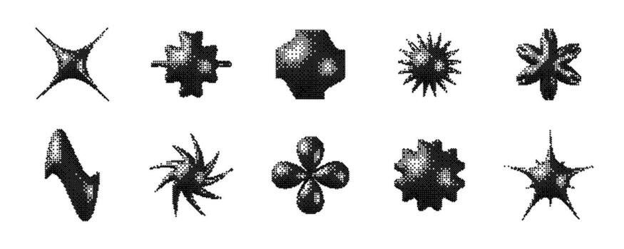 Pixelated 3d Y2K shape set. Bitmap stars, flowers, sparkles, waves element collection. Retro 8 bit sticker form bundle for poster, banner, collage, graphic design. Dithered geometric object pack vector