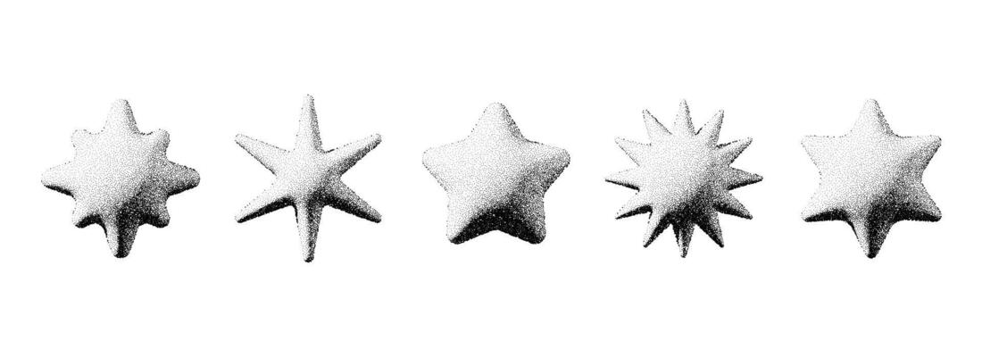 Black stipple stars collection. 3d dotted textured sparkles and flares set. Halftone grain noise starburst shape bundle. Dot work grunge asterisks and stars elements for poster, banner, flyer
