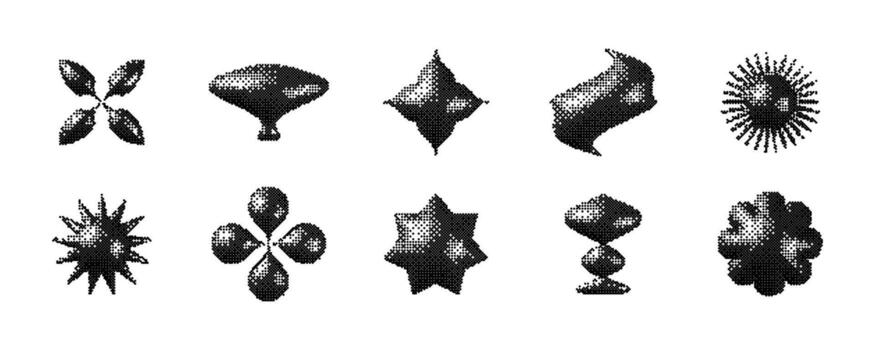 Pixelated 3d Y2K shape set. Bitmap stars, flowers, sparkles, waves element collection. Retro 8 bit sticker form bundle for poster, banner, collage. Dither geometric objects vector