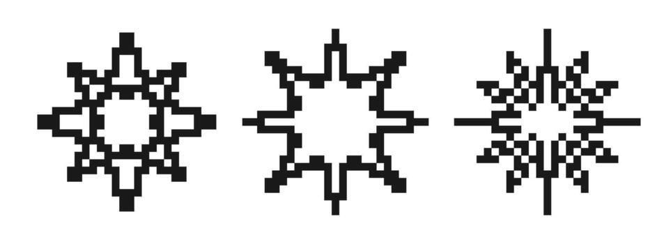 Pixelated stars and snowflakes element set. Black 8-bit pixel art collection. Retro binary sparkle, shine, burst, glitter geometric form pack. Y2K style pixel icon bundle. vector