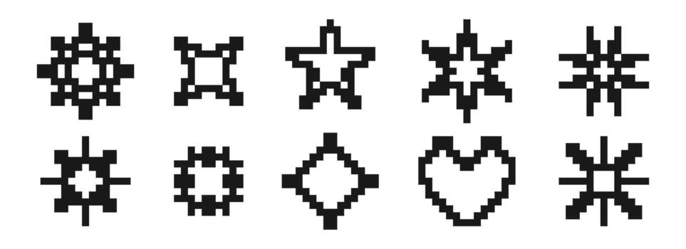 Pixelated star and flower element set. Black 8-bit pixel art collection. Retro binary sparkle, shine burst, glitter geometric form pack. y2k style pixel icon bundle. vector