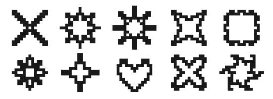 Pixelated star and flower element set. Black 8-bit pixel art collection. Retro binary sparkle, shine burst, glitter geometric form pack. y2k style pixel icon bundle vector