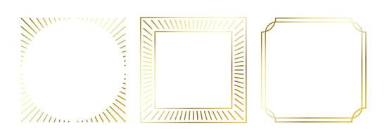 Gold thin frame set. Golden square borders in art deco style. Thin linear radiance rectangular element collection. Yellow glowing shiny boarder pack. Bundle for photo, cadre, poster, card vector