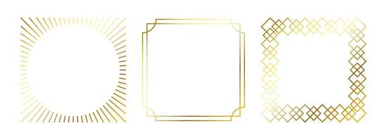 Golden thin frames set. Gold square borders in art deco style. Thin linear radiance rectangular elements collection. Yellow glowing shiny boarders pack. Bundle for photo, cadre, poster, card vector