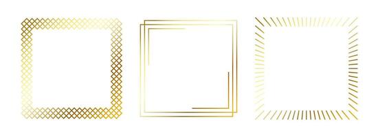 Golden thin frame set. Gold square borders in art deco style. Thin linear radiance rectangular element collection. Yellow glowing shiny boarder pack. Bundle for photo, cadre, poster, card vector