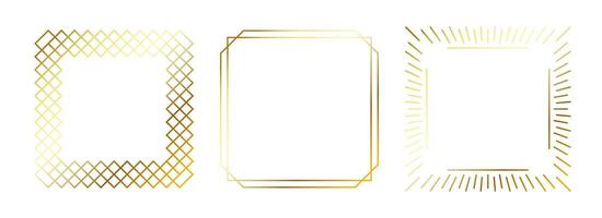 Golden thin frames set. Gold square borders in art deco style. Thin linear radiance rectangular element collection. Yellow glowing shiny boarder pack. Bundle for photo, cadre, poster, card vector
