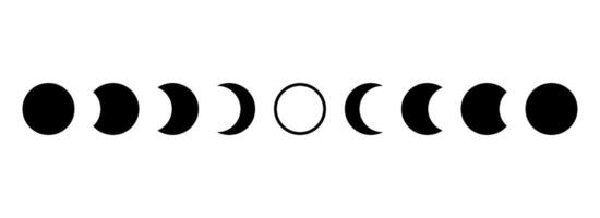 Full sun eclipse concept. Set of moon phases or stages. Total sun eclipse and lunar cycle. Black and white element for poster, banner, collage, brochure, cover, tattoo. vector
