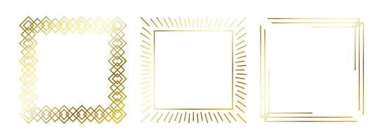 Gold thin frames set. Golden square borders in art deco style. Thin linear radiance rectangular elements collection. Yellow glowing shiny boarder pack. Bundle for photo, cadre, poster, card vector