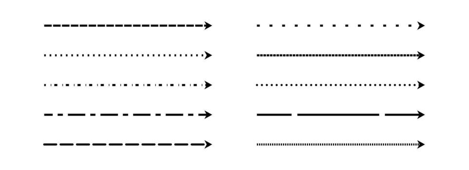 Black straight thin dashed arrow set. Long dotted arrows collection. Doodle sketched pointers and direction lines. Outline stripe element bundle for flyer, poster, brochure, booklet, banner vector
