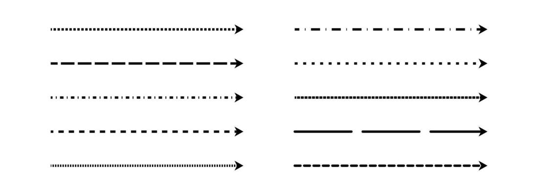 Black straight thin dashed arrow set. Long dotted arrows collection. Outline stripe element bundle for flyer, poster, brochure, booklet, banner. Doodle sketched pointers and direction lines.