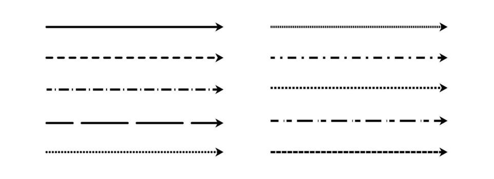 negro Derecho Delgado rayado flecha colocar. largo punteado flechas recopilación. lineal raya elemento haz para volantes, póster, folleto, folleto, bandera. garabatear bosquejado punteros y dirección líneas. vector
