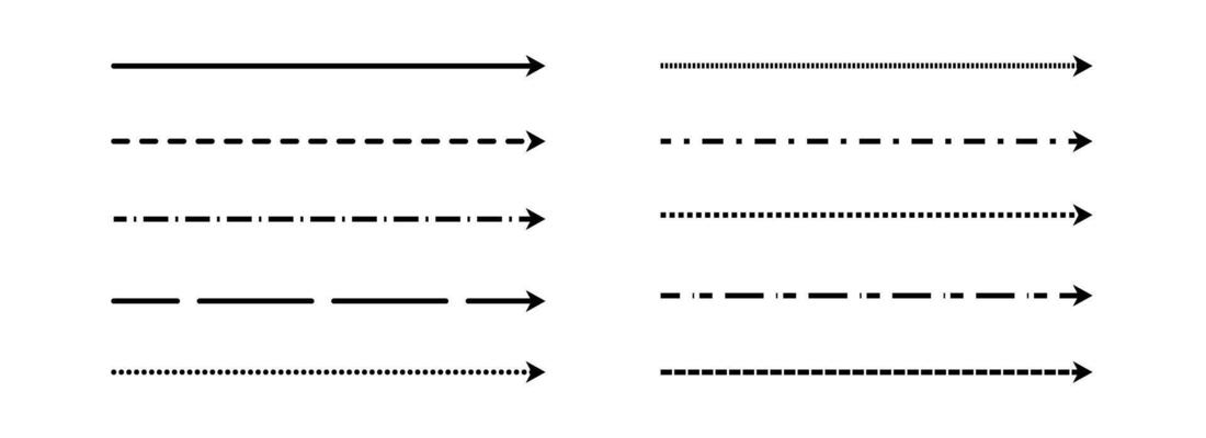 Black straight thin dashed arrow set. Long dotted arrows collection. Linear stripe element bundle for flyer, poster, brochure, booklet, banner. Doodle sketched pointers and direction lines.