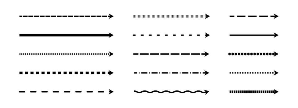Straight thin dashed arrow set. Black long dotted arrows collection. Linear stripe element bundle for flyer, poster, brochure, booklet, banner. Doodle sketched pointers or direction lines. vector