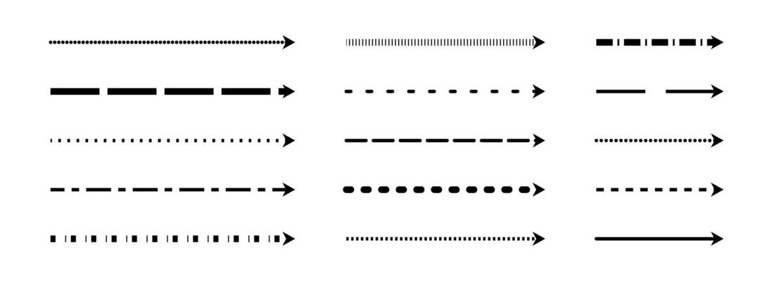 Straight thin dash arrows collection. Black long dotted arrow set. Linear dashed stripe elements bundle for flyer, poster, brochure, booklet, banner. Doodle sketch pointers or direction lines