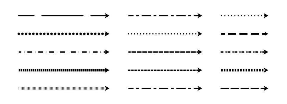 Straight thin dashed arrows collection. Black long dotted arrow set. Linear stripe elements bundle for flyer, poster, brochure, booklet, banner. Doodle sketched pointers or direction lines vector