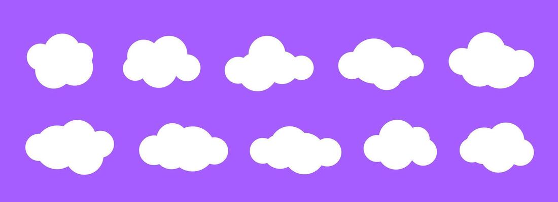 Comic clouds collection. Cartoon cloud shapes set for icon, poster, banner, label, badge, tag, logo, decoration. White speech bubble on purple background. Text box bundle.