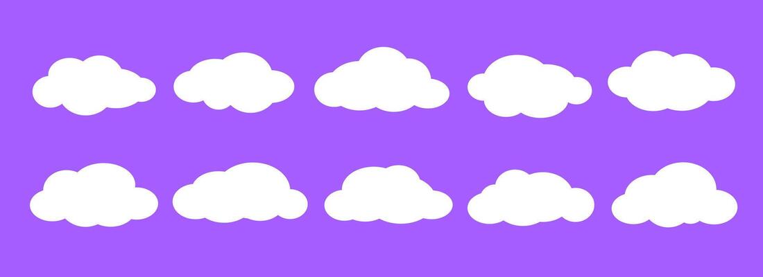 Empty comic clouds on purple background. Cartoon cloud shapes set for icon, poster, banner, label, badge, tag, logo, decoration. White blank speech bubble collection. Text box claud bundle