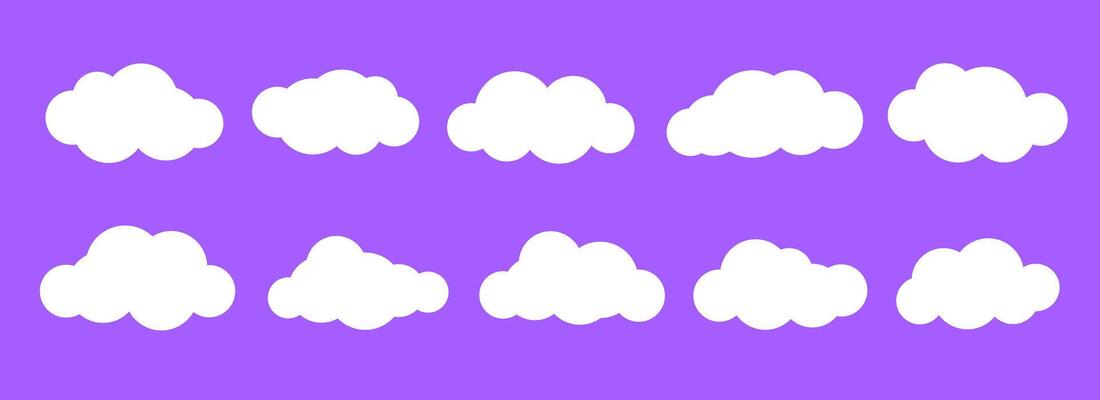 Comic clouds collection. Cartoon cloud shapes set for icon, poster, banner, label, badge, tag, logo. White speech bubble on bright purple background. Text box claud decoration bundle