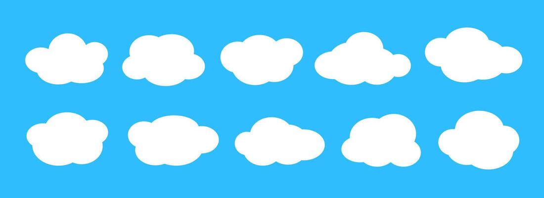 Comic clouds collection. Cartoon cloud shapes set for icon, poster, banner, label, badge, tag, logo, decoration. White speech bubble on bright blue sky background. Text box claud bundle