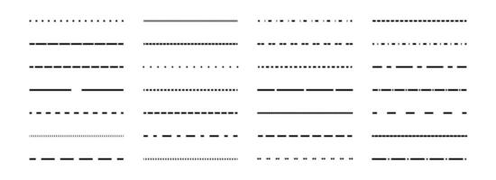 Dashed thin lines set. Black straight dotted stripe collection. Separate and divide element bundle for flyer, poster, brochure, banner, booklet, leaflet. Design pack vector