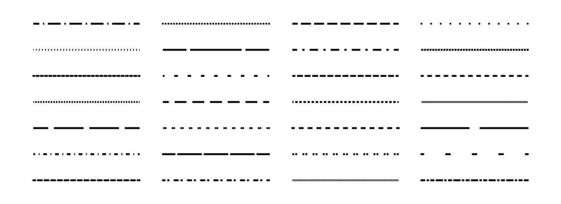 Dashed thin lines set. Black straight dotted stripe collection. Separate and divide element bundle for flyer, poster, brochure, banner, booklet, leaflet