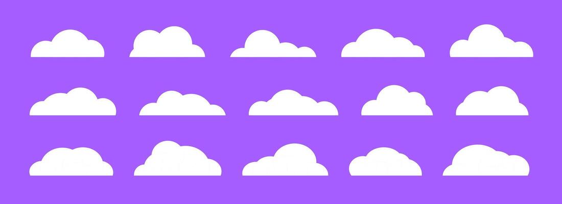 Empty comic clouds on purple background. Cartoon cloud shapes set for icon, poster, banner, label, badge, tag, logo, decoration. White blank speech bubble collection. Textbox claud bundle