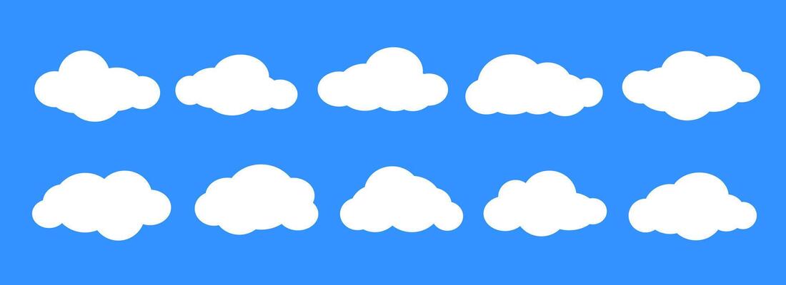 Comic clouds on blue sky background. Cartoon cloud shapes set for icon, poster, banner, label, badge, tag, logo, decoration. White speech bubble collection. Text box claud bundle.