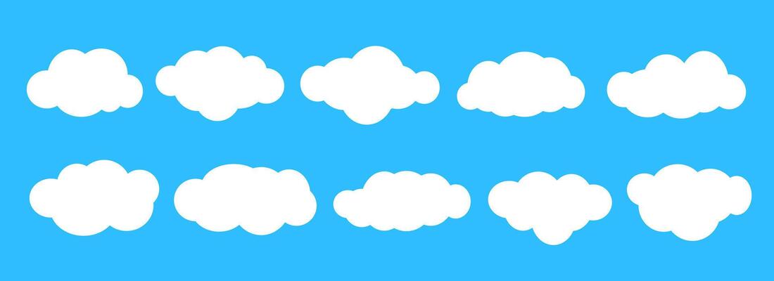Empty comic clouds on blue sky background. Cartoon cloud shapes set for icon, poster, banner, label, badge, tag, logo, decoration. White blank speech bubble collection. Textbox claud bundle