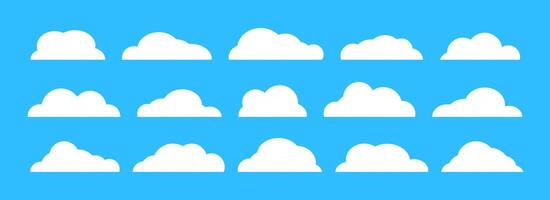 Empty cartoon cloud collection on blue background. Comic cloud shapes set for icon, poster, banner, label, badge, tag, logo, decoration. White blank speech bubble pack. Textbox claud bundle vector