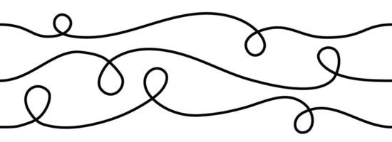Seamless thin squiggle line set. Wavy wiggle stripe pattern collection. Curvy repeated thread or yarn lines for ornament, decor, separate, divider. Tangled squiggly linear doodle shapes vector