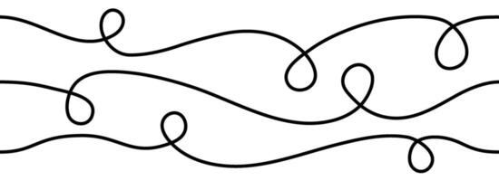 Seamless thin squiggle line set. Wavy wiggle stripe pattern collection. Curvy repeating thread or yarn lines for ornament, decor, separate, divider. Tangled squiggly linear doodle shapes vector