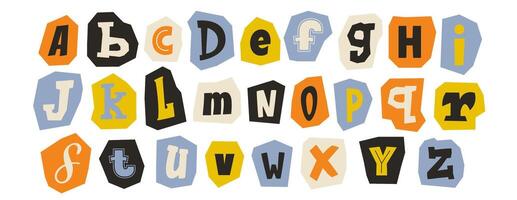 Cut out paper alphabet collection. Colored different letter collage set. Cute craft doodle kid font elements bundle for decoration, poster, banner, print. Ransom blackmail style abc pack. vector