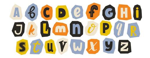 Cut out paper alphabet collection. Colorfull different letter collage set. Cute craft doodle font elements bundle for decoration, poster, banner, print. Ransom blackmail style abc pack vector