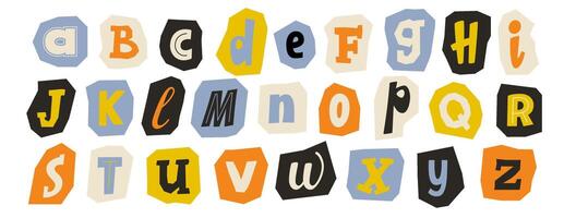 Cut out paper alphabet collection. Colorful different letter collage set. Cute craft doodle kid font elements bundle for decoration, poster, banner, print. Ransom blackmail style abc pack. vector