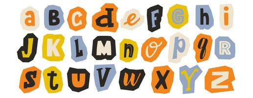 Paper cut out alphabet collection. Colorful different letter collage set. Cute craft doodle kid font elements bundle for decoration, poster, banner, print. Ransom style abc pack. vector