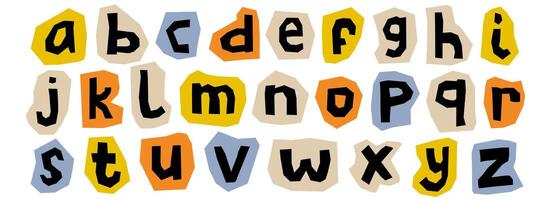 Paper cut out alphabet collection. Colorful capital letter collage set. Craft doodle kid font elements bundle for decoration, poster, banner, print. Ransom style lowercase abc pack. vector