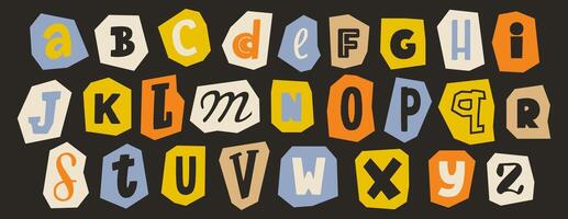 Cut out paper alphabet collection. Colorful different letter collage set. Cute craft doodle font element bundle for decoration, poster, banner, print. Playful ransom blackmail style abc pack vector