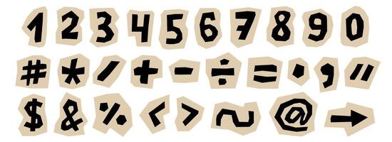 Paper cut out numbers and signs collection. Punctuation marks and characters collage set. Kid cut symbols, brackets, elements bundle for decoration, poster, banner, print. Ransom style pack vector