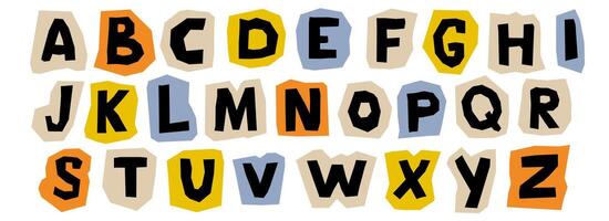Paper cut out alphabet collection. Colorful capital letter collage piece set. Craft doodle kid font elements bundle for decoration, poster, banner, print. Ransom style uppercase abc pack. vector