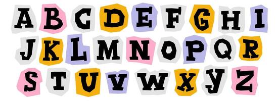 Paper cut out alphabet collection. Colorful capital serif letter collage set. Cute craft doodle kid font elements bundle for decoration, poster, banner, print. Ransom style uppercase abc pack. vector
