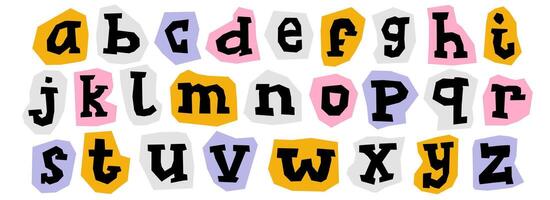 Cut out paper alphabet collection. Colorful serif lower case letter collage set. Craft doodle kid font elements bundle for decoration, poster, banner, print. Ransom style lowercase abc pack vector