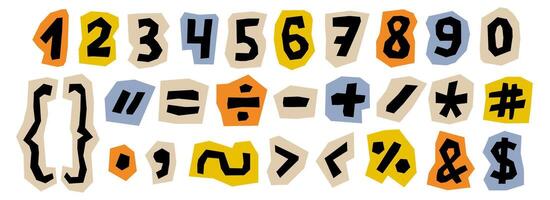 Paper cut out numbers and signs collection. Punctuation marks and characters collage set. Cut symbols, brackets, elements bundle for decoration, poster, banner, print. Colored ransom style pack vector