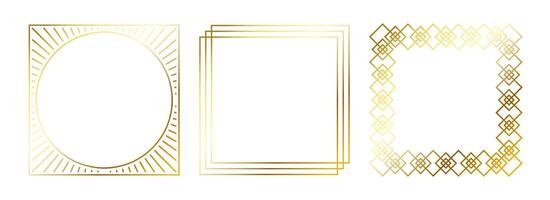 Gold thin frames set. Golden square borders in art deco style. Thin linear radiance rectangular elements collection. Yellow glowing shiny boarders pack. Bundle for photo, cadre, poster, card vector